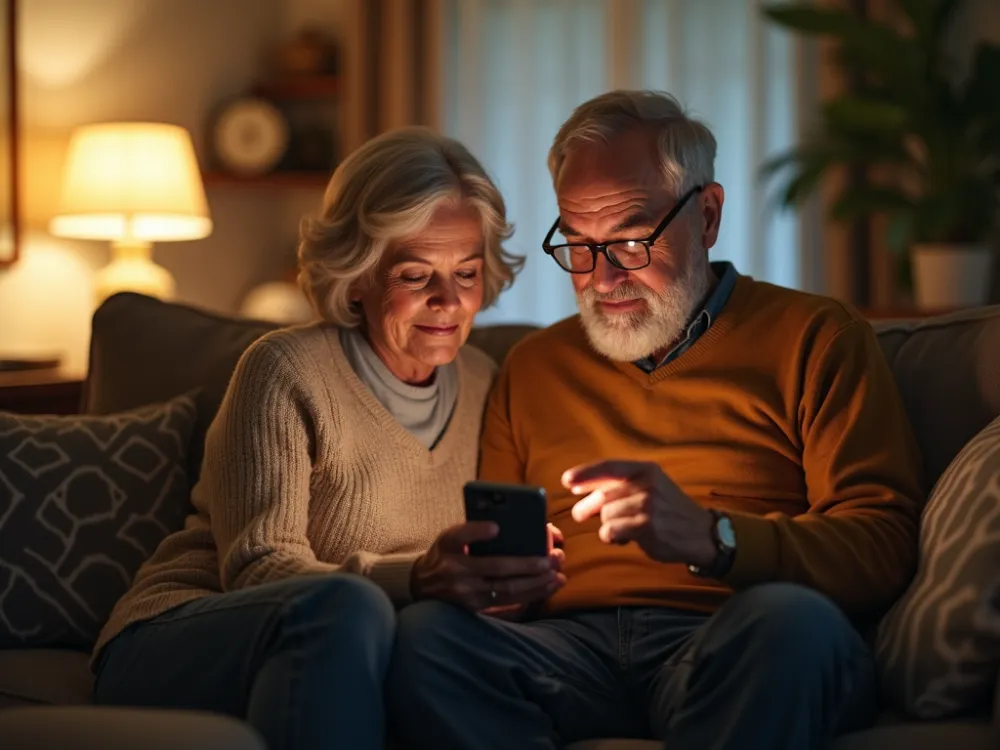 Couple at home checking their phone in the evening