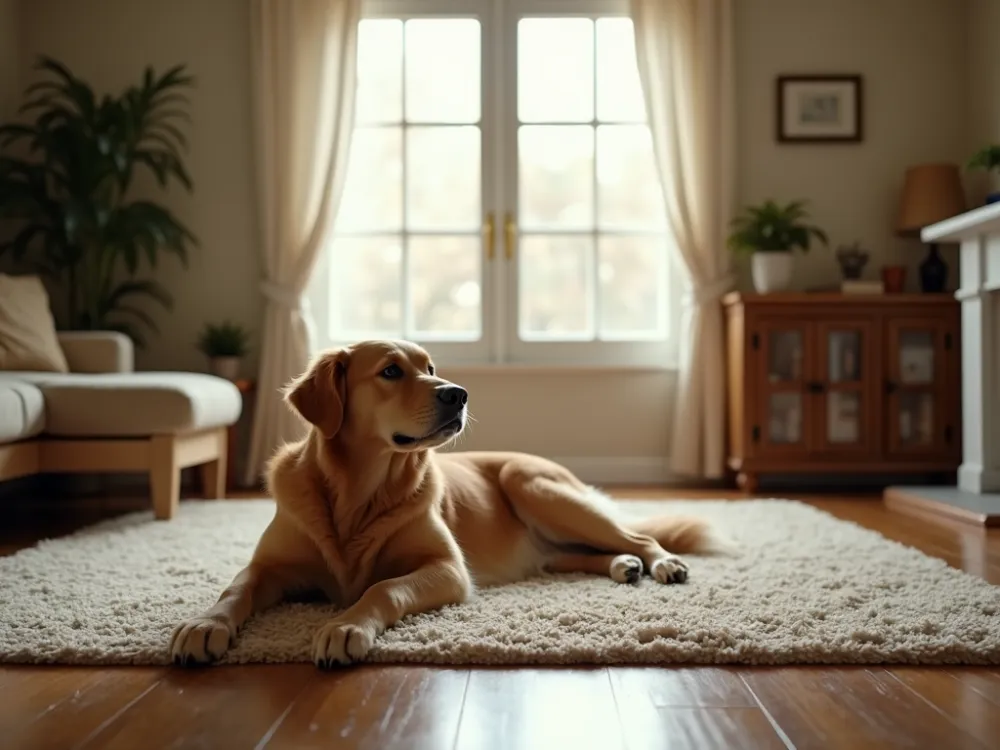 Dog resting alone in an empty living room