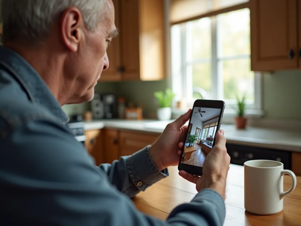 Man checking a home camera view on his phone at the kitchen table